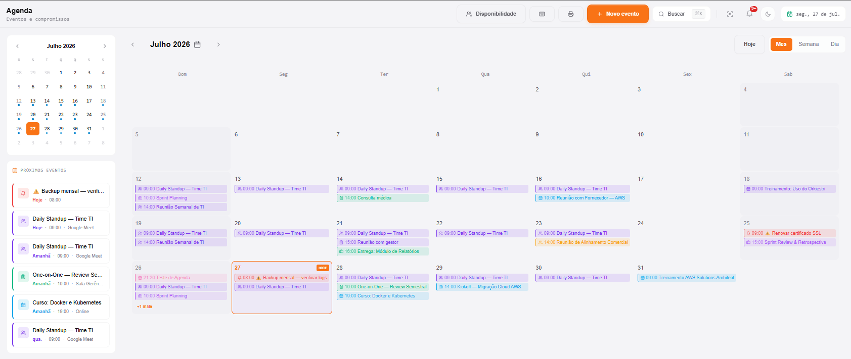 Orkiestri Space — agenda corporativa do mês com eventos, próximos compromissos e disponibilidade do time